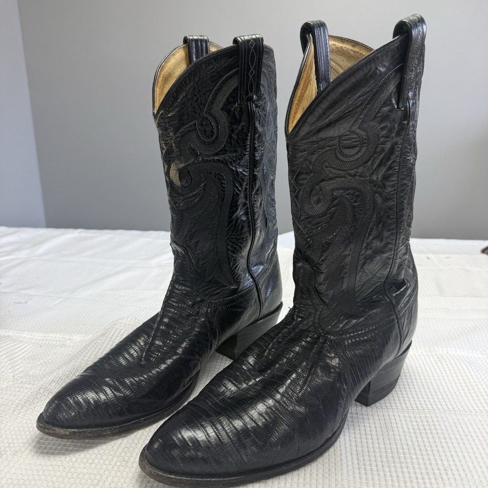 Vtg 70s-80s Tony Lama Black Full Teju Lizard Skin Cowboy Boots Mens 12EE *read